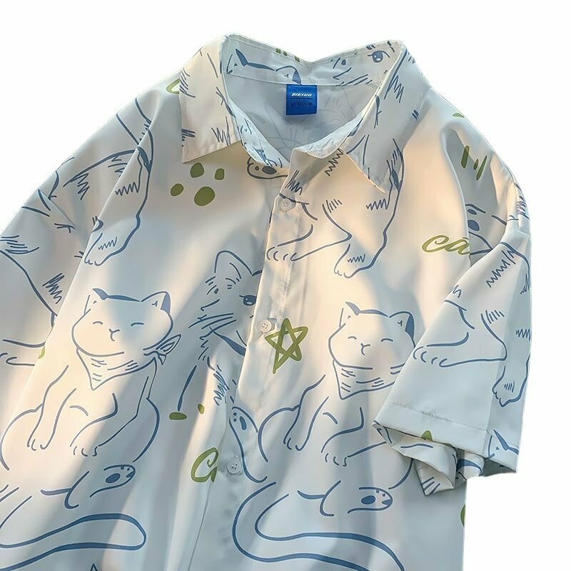 Y2K Grunge Cartoon Cat Print Summer Shirt - Retro 90s Fashion, Y2K Outfits, Pastel