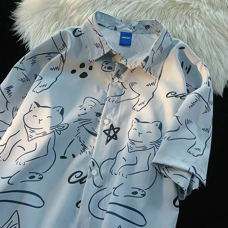 Y2K Grunge Cartoon Cat Print Summer Shirt - Retro 90s Fashion, Y2K Outfits, Pastel