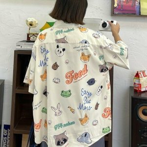 Y2K Grunge Cartoon Panda Summer Blouse - Retro 90s Fashion, Y2K Outfits, Pastel