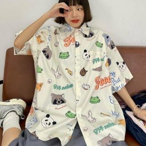 Y2K Grunge Cartoon Panda Summer Blouse - Retro 90s Fashion, Y2K Outfits, Pastel