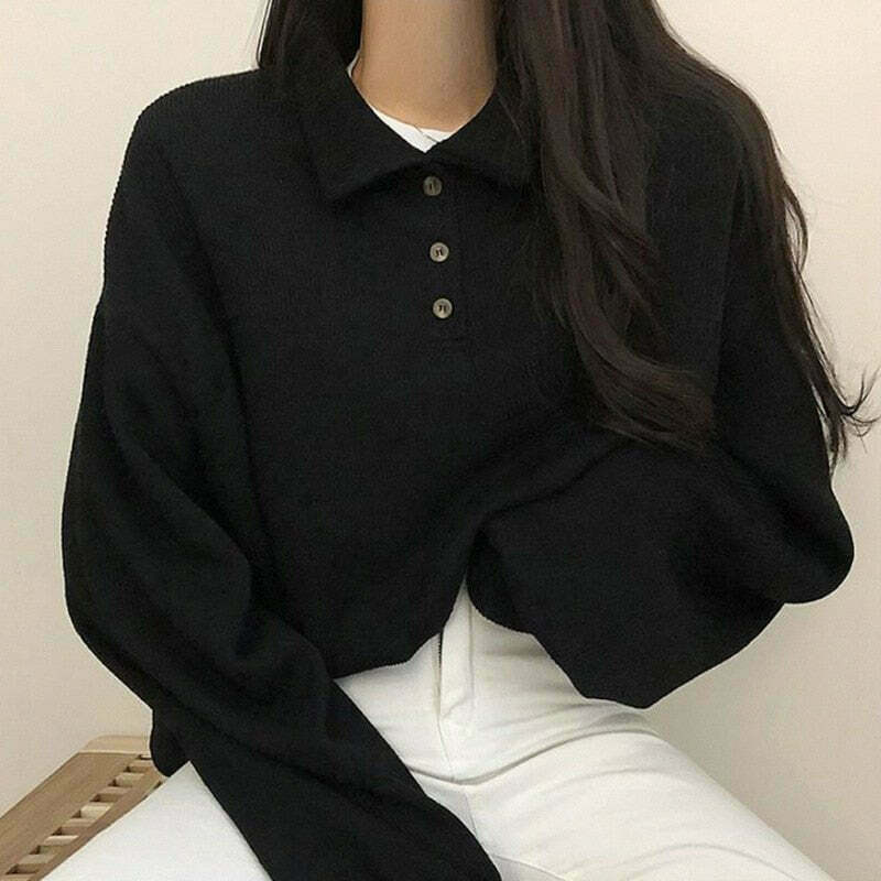 Y2K Grunge Casual Polo Long Sleeve T-Shirt - Retro 90s Summer Outfit for Women