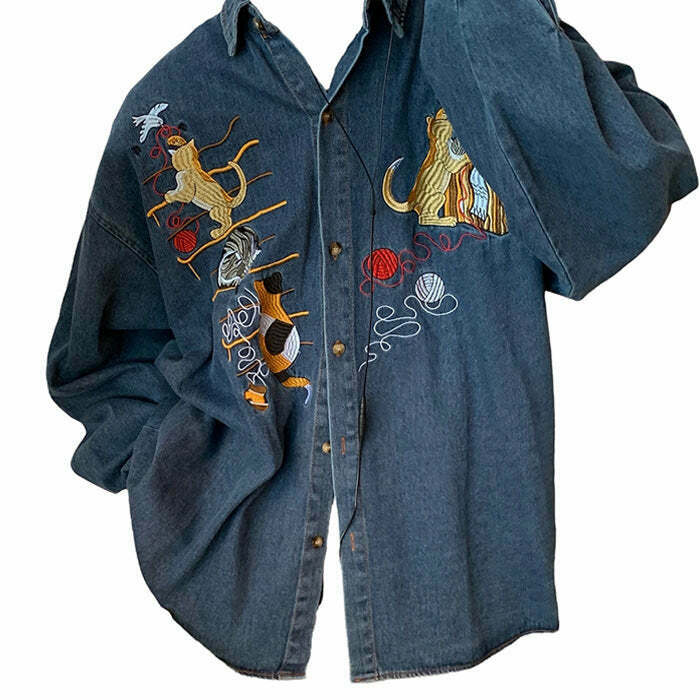 Y2K Grunge Cat Embroidery Denim Shirt - Retro 90s Fashion, Summer Y2K Outfits, Vintage