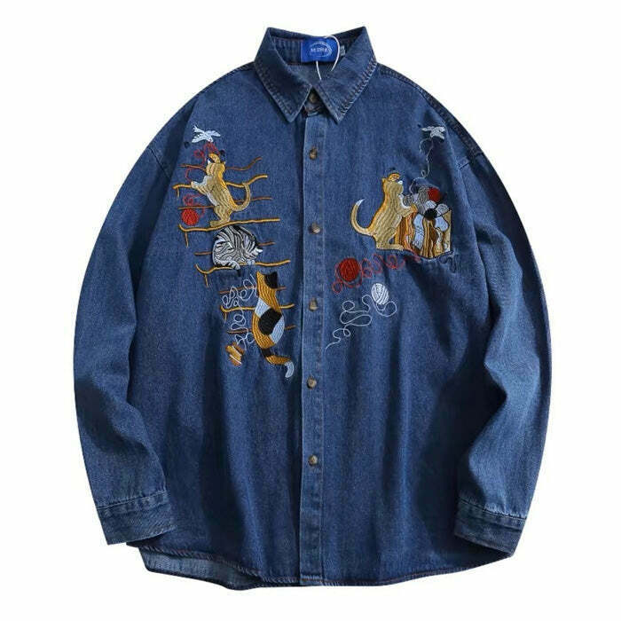 Y2K Grunge Cat Embroidery Denim Shirt - Retro 90s Fashion, Summer Y2K Outfits, Vintage