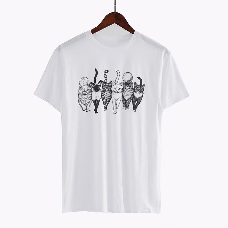 Y2K Grunge Cat Gang Graphic Women's Cotton T-Shirt - Retro 90s Summer Outfit