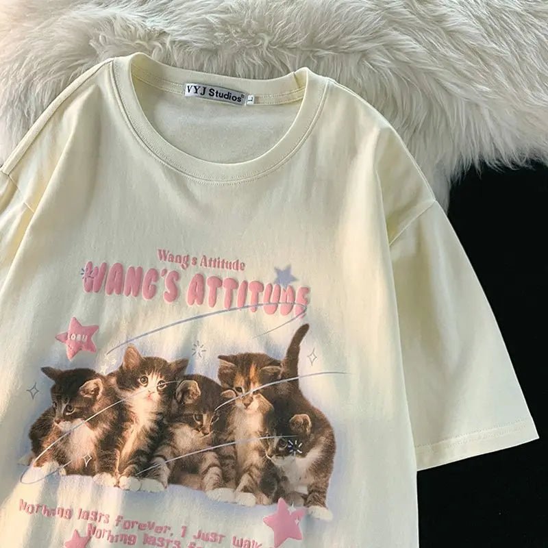 Y2K Grunge Cat Print Japanese Summer Tee - Retro 90s Fashion, Pastel Goth, Y2K Out