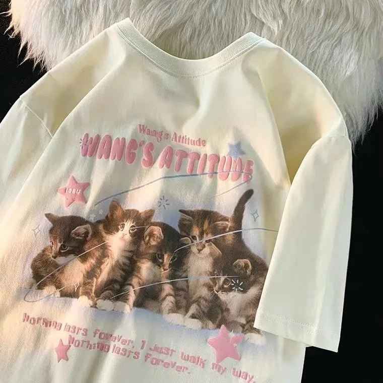 Y2K Grunge Cat Print Japanese Summer Tee - Retro 90s Fashion, Pastel Goth, Y2K Out