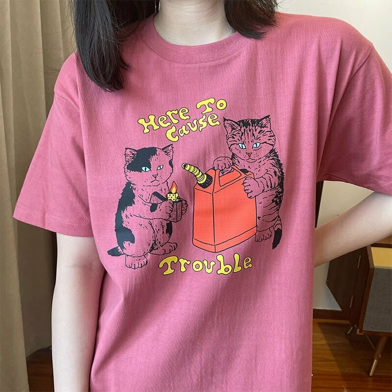 Y2K Grunge Cat Print T-Shirt - Retro 90s Summer Outfit, Baby Tees, Y2K Fashion