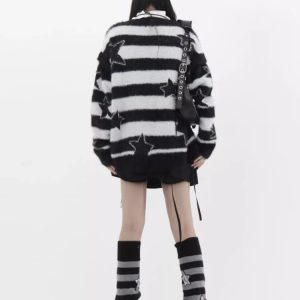 Y2K Grunge Celestial Stripe Oversized Sweater - Retro 90s Fashion, Summer Y2K Outfits