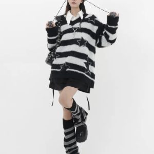 Y2K Grunge Celestial Stripe Oversized Sweater - Retro 90s Fashion, Summer Y2K Outfits