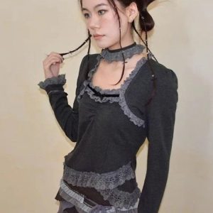 Y2K Grunge Charcoal Charm Ruffle Blouse - 90s Retro Summer Outfit, Gothic Y2K Fashion