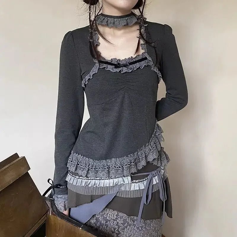 Y2K Grunge Charcoal Charm Ruffle Blouse - 90s Retro Summer Outfit, Gothic Y2K Fashion