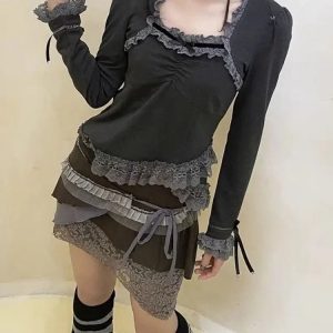 Y2K Grunge Charcoal Charm Ruffle Blouse - 90s Retro Summer Outfit, Gothic Y2K Fashion