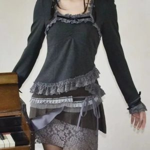 Y2K Grunge Charcoal Charm Ruffle Blouse - 90s Retro Summer Outfit, Gothic Y2K Fashion