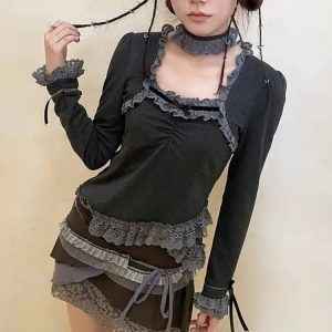 Y2K Grunge Charcoal Charm Ruffle Blouse - 90s Retro Summer Outfit, Gothic Y2K Fashion