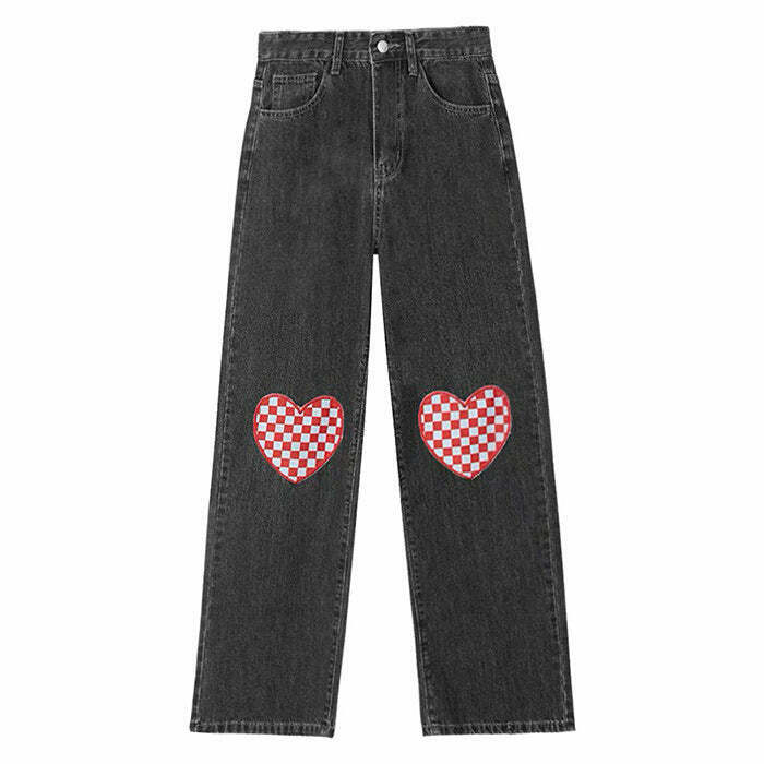 Y2K Grunge Checker Heart Wide Jeans - Retro 90s Fashion, Summer Y2K Outfits, Pastel