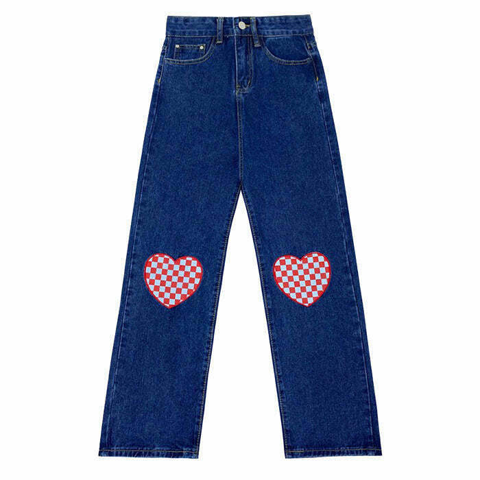 Y2K Grunge Checker Heart Wide Jeans - Retro 90s Fashion, Summer Y2K Outfits, Pastel