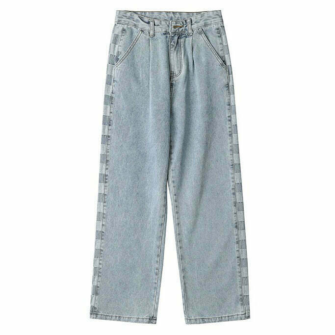 Y2K Grunge Checker Print Wide-Leg Jeans - Retro 90s Fashion, Summer Y2K Outfits