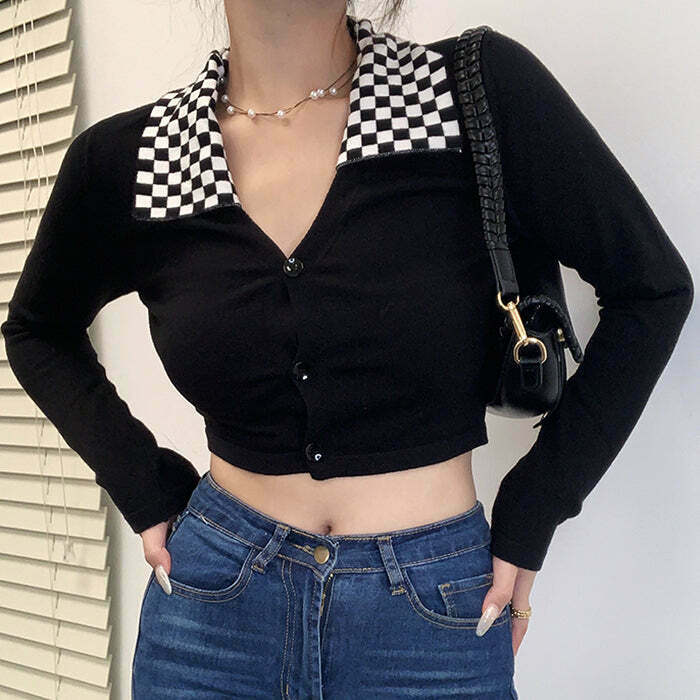 Y2K Grunge Checkerboard Collar Top - 90s Fashion, Retro Style, Summer Y2K Outfits