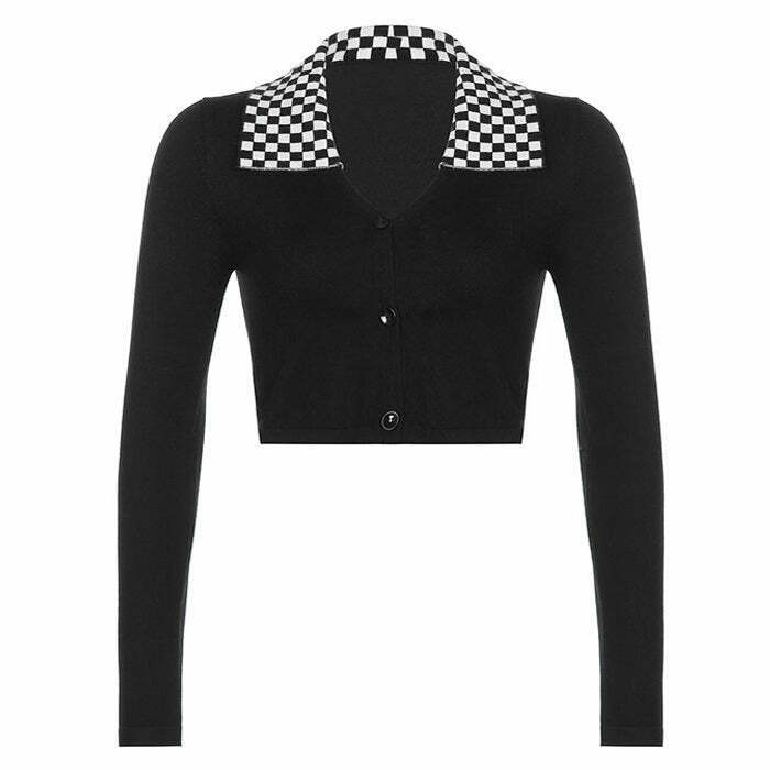 Y2K Grunge Checkerboard Collar Top - 90s Fashion, Retro Style, Summer Y2K Outfits