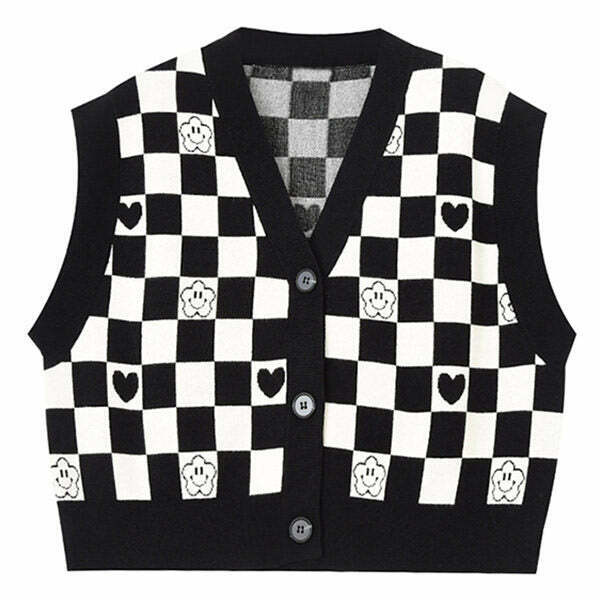 Y2K Grunge Checkerboard Cropped Vest - Retro 90s Summer Outfit, Pastel Goth Style