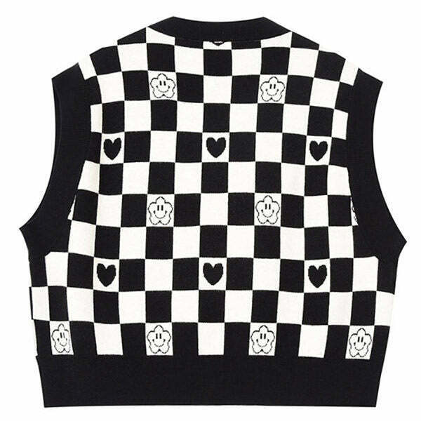 Y2K Grunge Checkerboard Cropped Vest - Retro 90s Summer Outfit, Pastel Goth Style