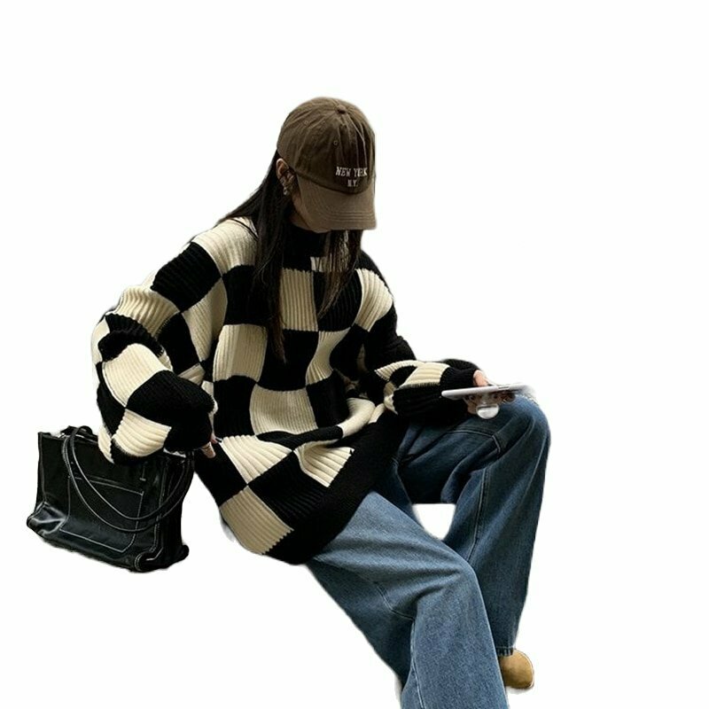 Y2K Grunge Checkerboard Oversize Sweater - Retro 90s Fashion, Summer Y2K Outfits