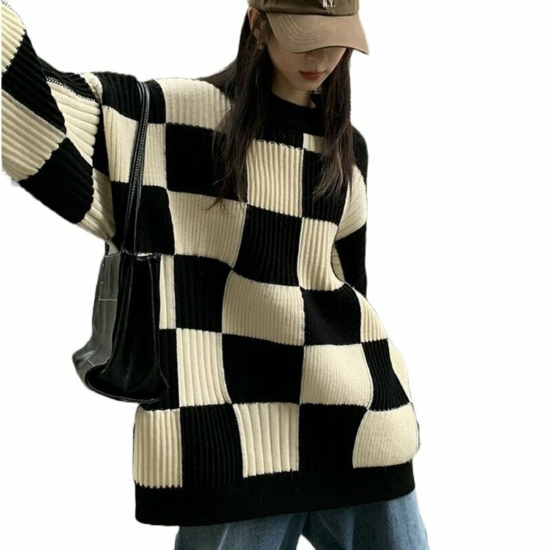 Y2K Grunge Checkerboard Oversize Sweater - Retro 90s Fashion, Summer Y2K Outfits