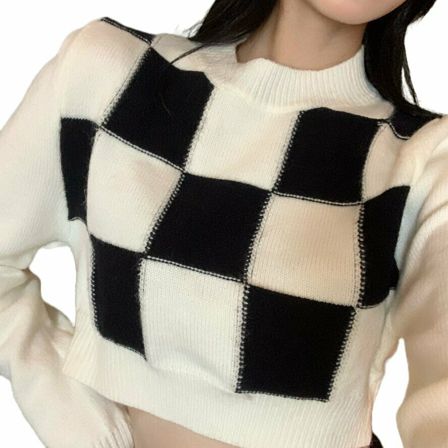 Y2K Grunge Checkerboard Sweater - 90s Retro Style, Summer Outfits, and Party Looks