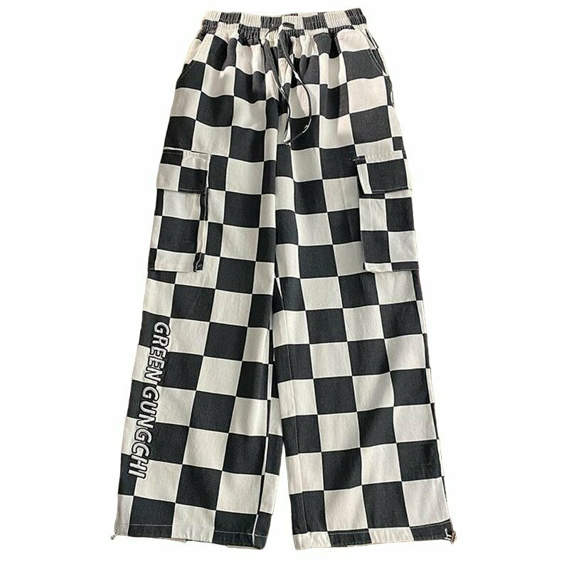 Y2K Grunge Checkerboard Wide Leg Pants - Retro 90s Fashion, Summer Y2K Outfits