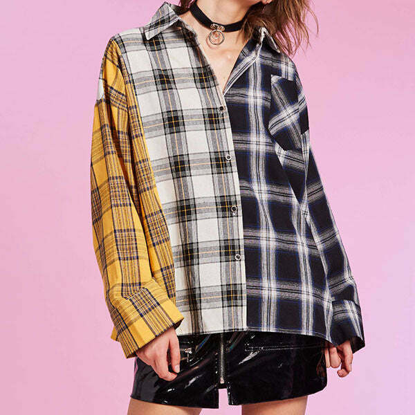 Y2K Grunge Checkered Boyfriend Shirt - 90s Retro Summer Outfit, Y2K Fashion Essential