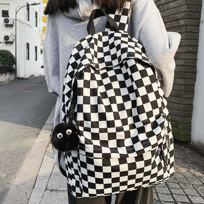 Y2K Grunge Checkered Canvas Backpack - Perfect for 90s Fashion, Retro Style, and Summer Outfits