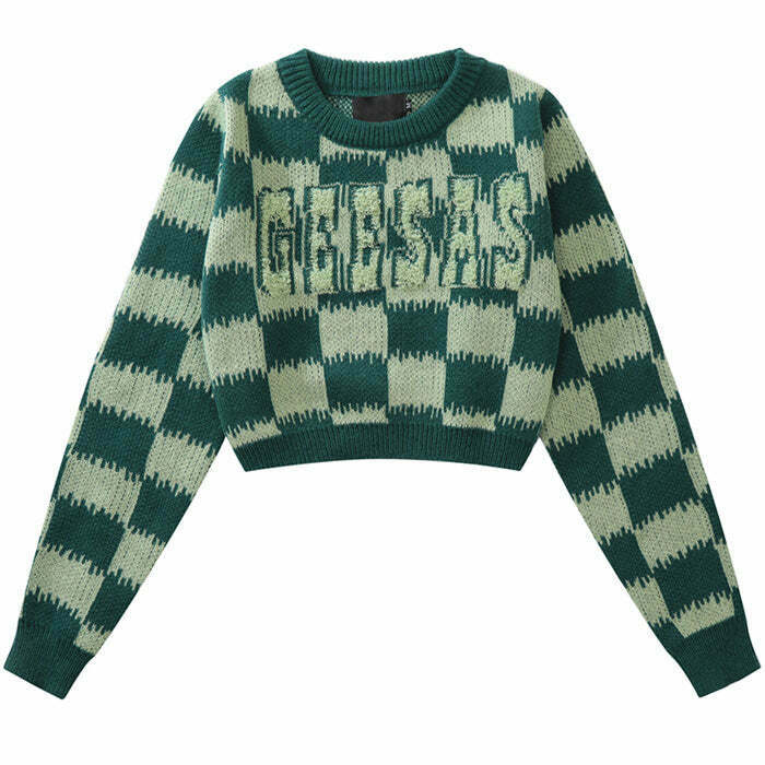 Y2K Grunge Checkered Fuzzy Crop Sweater - Retro 90s Fashion, Pastel Goth, Summer Y