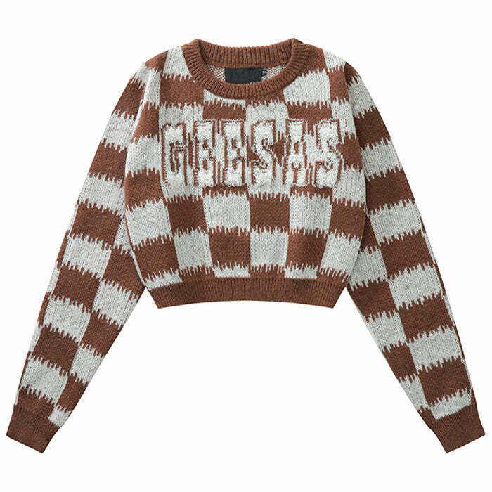 Y2K Grunge Checkered Fuzzy Crop Sweater - Retro 90s Fashion, Pastel Goth, Summer Y