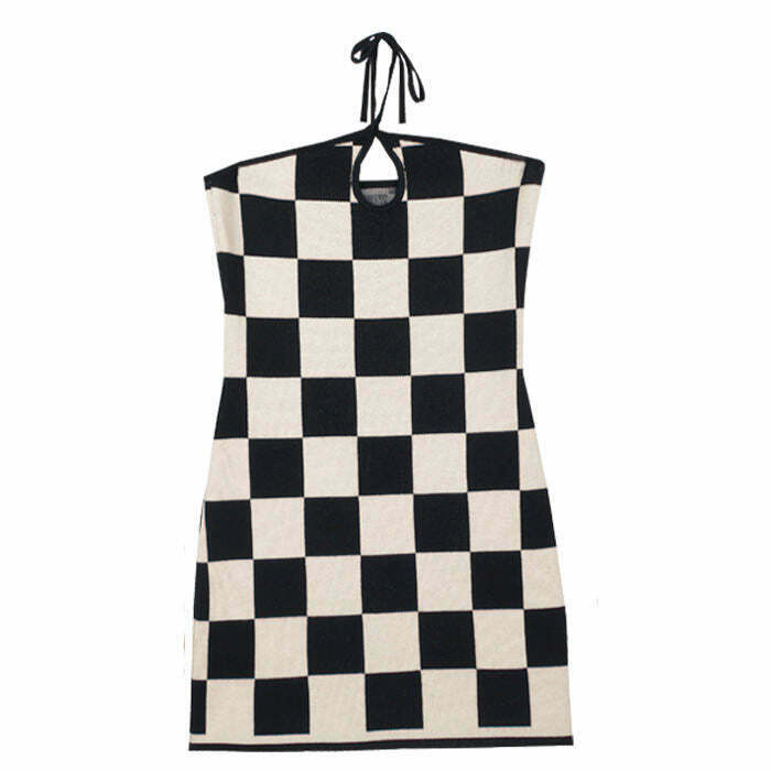 Y2K Grunge Checkered Knit Dress & Cardigan Set - 90s Retro Summer Outfit for Women