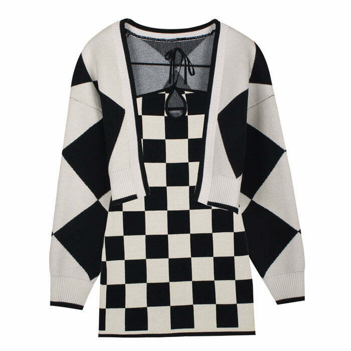 Y2K Grunge Checkered Knit Dress & Cardigan Set - 90s Retro Summer Outfit for Women