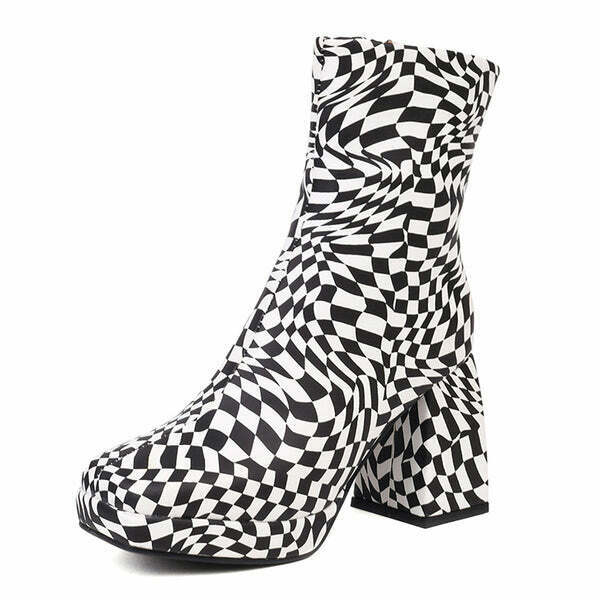 Y2K Grunge Checkered Platform Boots - Retro 90s Fashion, Gothic Y2K, Summer Party Outfits