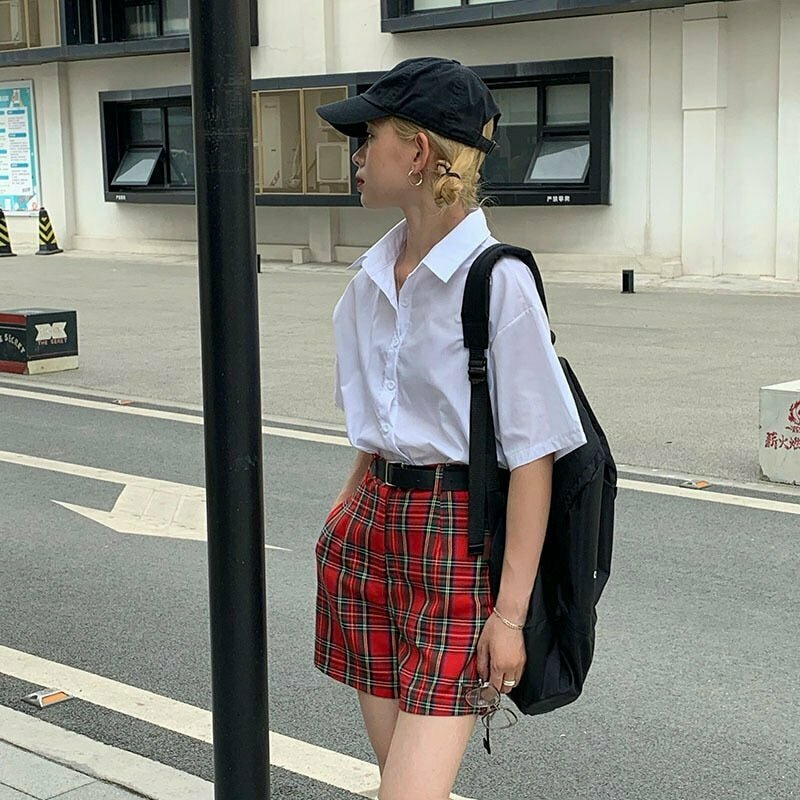 Y2K Grunge Checkered Red Shorts - 90s Fashion, Summer Outfits, Retro Style, Y2K