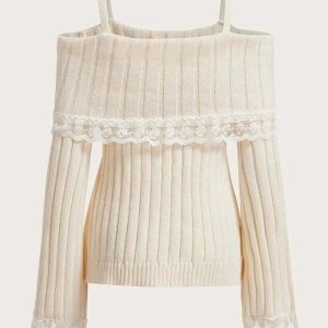 Y2K Grunge Cold Shoulder Lace Knit Sweater - Retro 90s Fashion, Summer Y2K Outfits