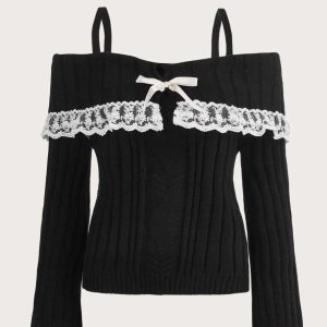 Y2K Grunge Cold Shoulder Lace Knit Sweater - Retro 90s Fashion, Summer Y2K Outfits