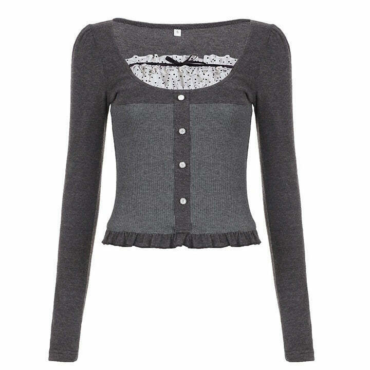 Y2K Grunge Coquette Aesthetic Grey Long Sleeve Top - 90s Retro Summer Outfit