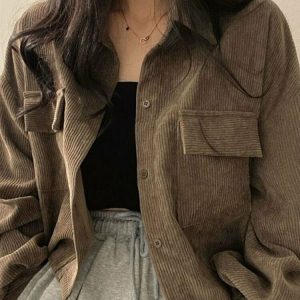 Y2K Grunge Corduroy Drawstring Cropped Jacket - Retro 90s Summer Outfit, Pastel Goth Style