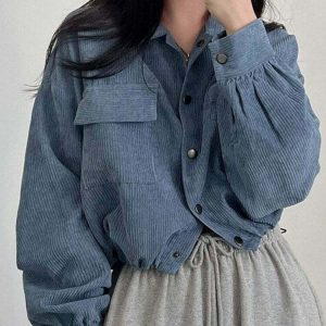 Y2K Grunge Corduroy Drawstring Cropped Jacket - Retro 90s Summer Outfit, Pastel Goth Style