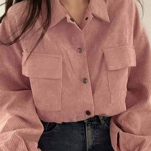 Y2K Grunge Corduroy Drawstring Cropped Jacket - Retro 90s Summer Outfit, Pastel Goth Style