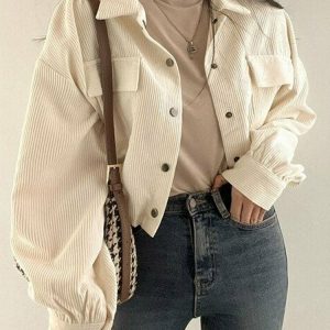 Y2K Grunge Corduroy Drawstring Cropped Jacket - Retro 90s Summer Outfit, Pastel Goth Style