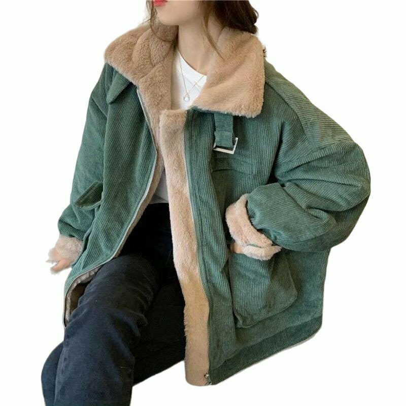 Y2K Grunge Corduroy Plush Winter Jacket - Retro 90s Fashion, Y2K Outfits, Past