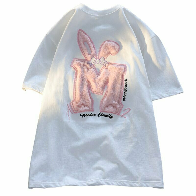 Y2K Grunge Cotton Rabbit Ear Pink T-Shirt - 90s Fashion, Summer Outfits, Retro Style