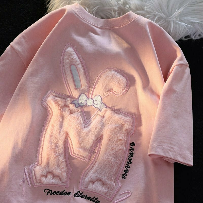 Y2K Grunge Cotton Rabbit Ear Pink T-Shirt - 90s Fashion, Summer Outfits, Retro Style