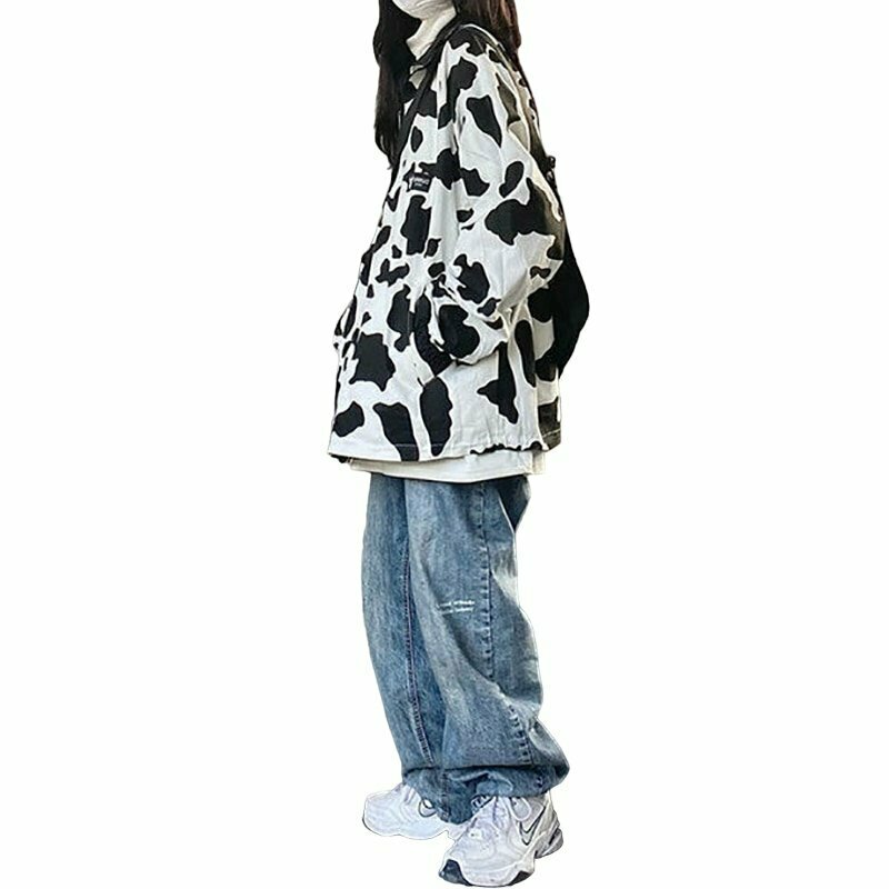 Y2K Grunge Cow Print Oversize Korean Jacket - Retro 90s Fashion, Summer Y2K Outfits