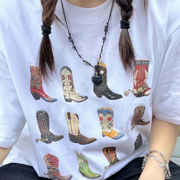 Y2K Grunge Cowboy Boots Graphic Tee - Retro 90s Summer Outfit, Pastel Goth Style