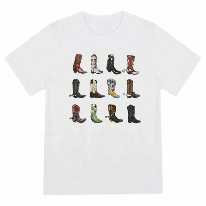 Y2K Grunge Cowboy Boots Graphic Tee - Retro 90s Summer Outfit, Pastel Goth Style